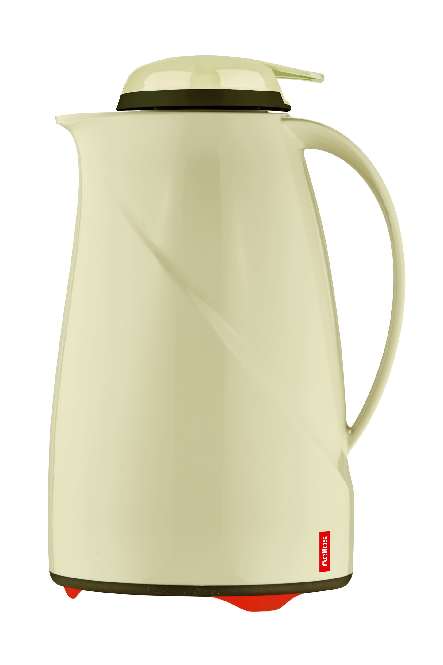 Beige Thermoskanne mit rotem Boden.