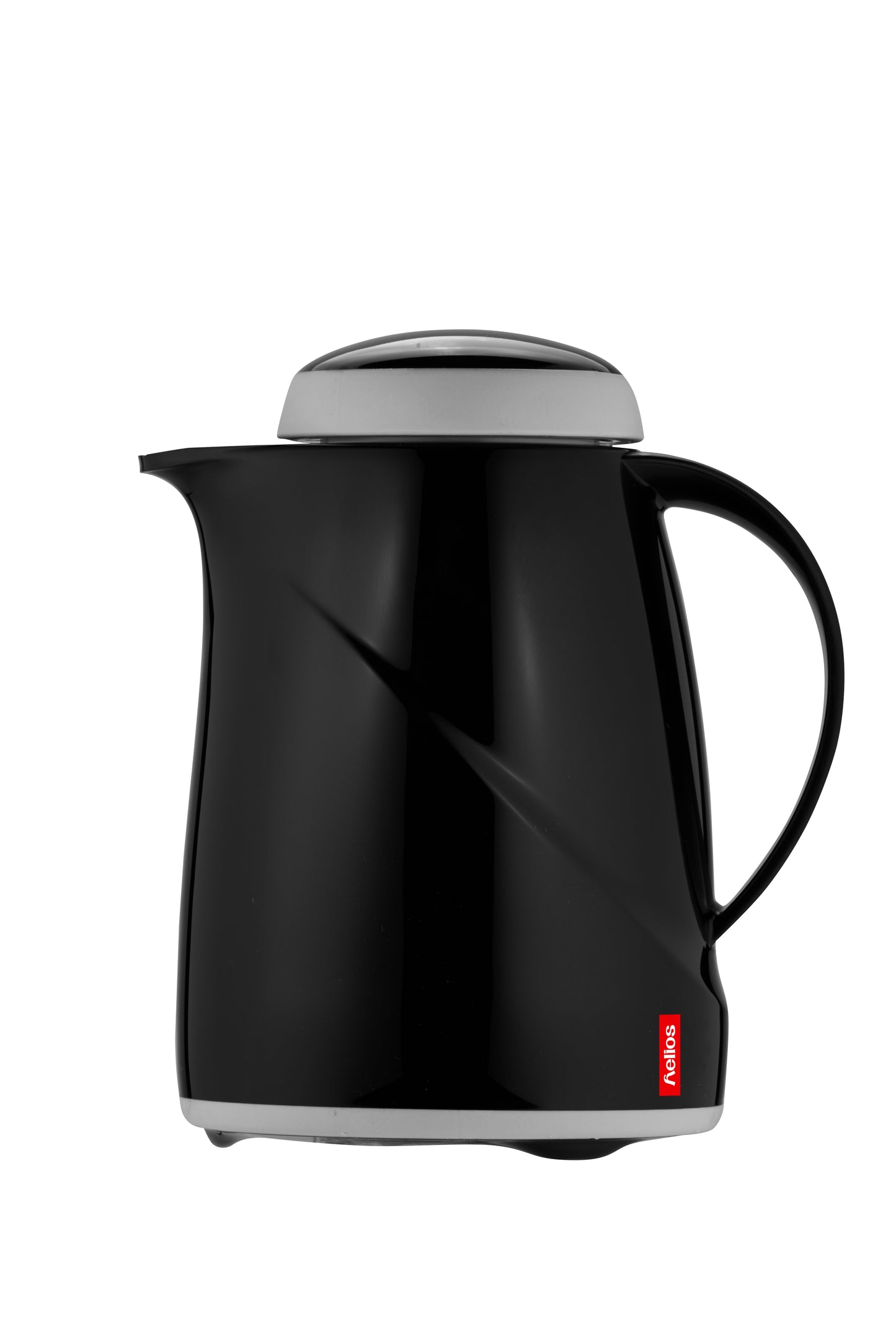 Schwarze Thermoskanne mit silbernem Deckel.