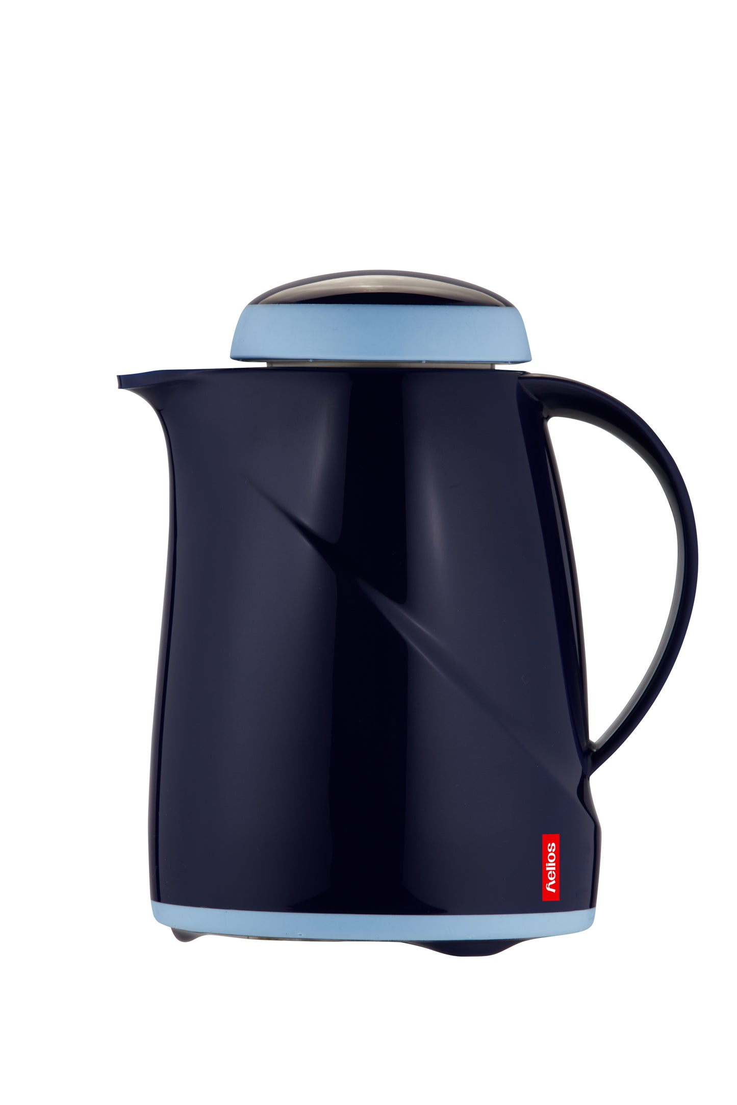 Blaue Thermoskanne mit Deckel und Griff.