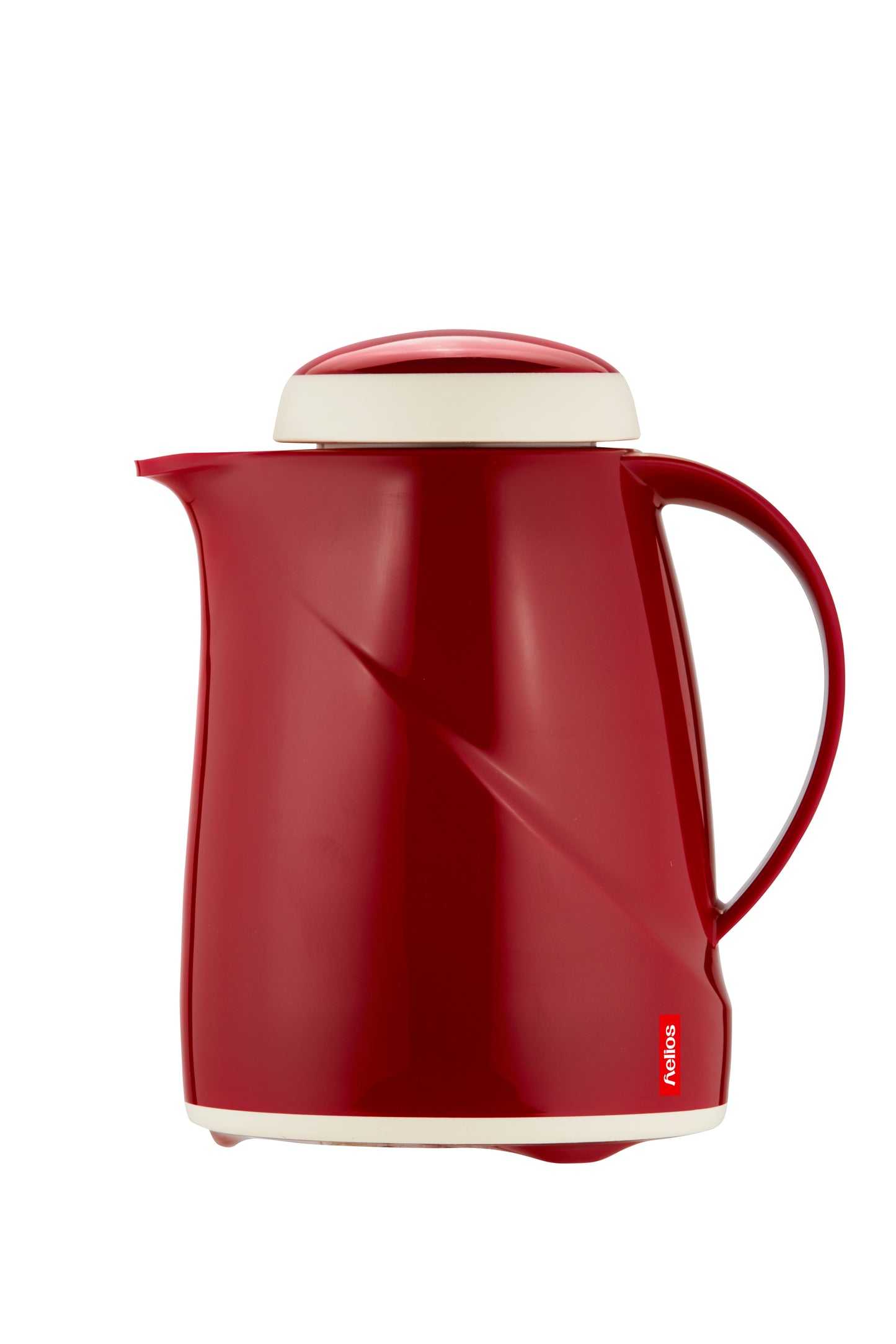 Rote Thermoskanne mit weißem Deckel.