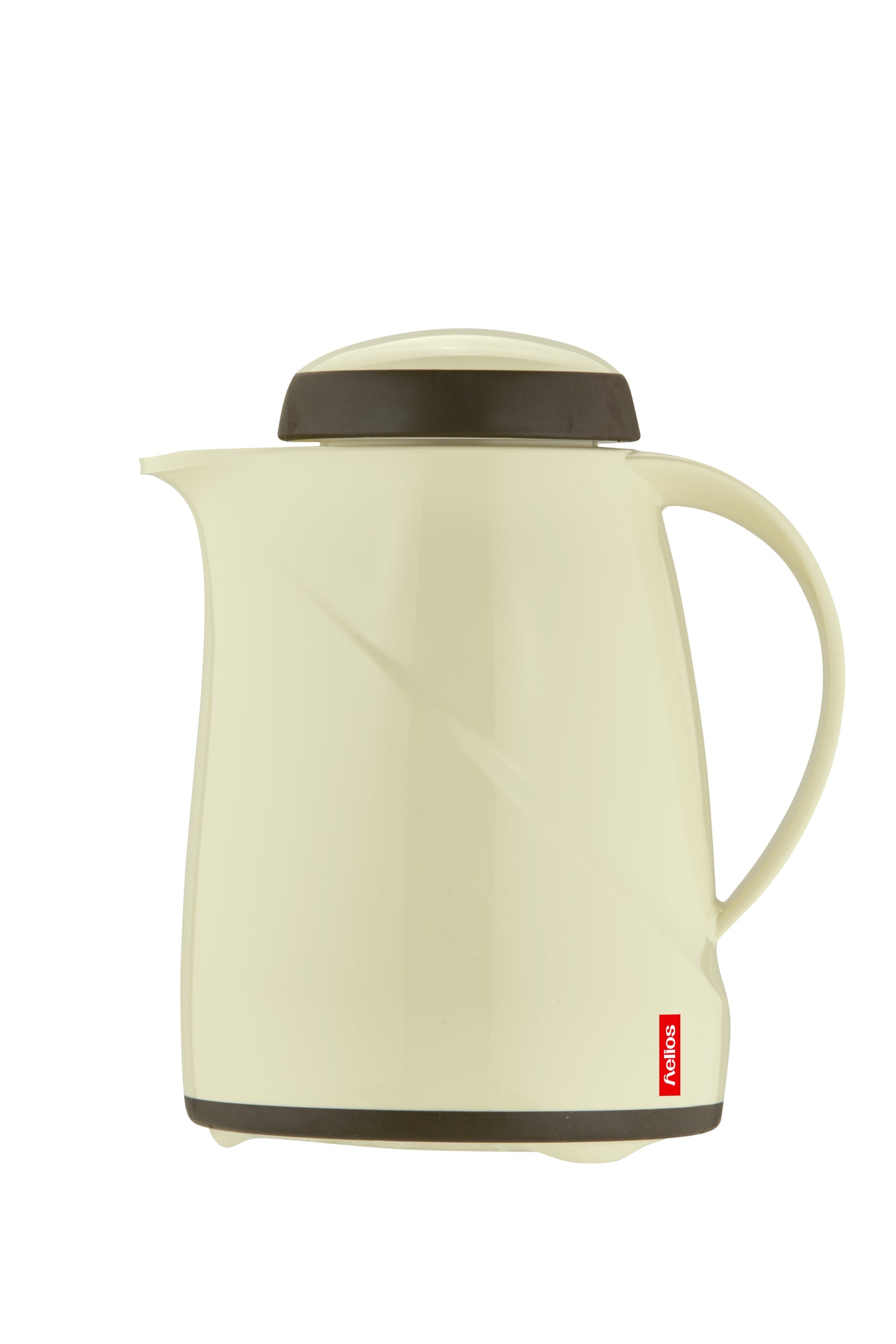 Beige Thermoskanne mit schwarzem Deckel.