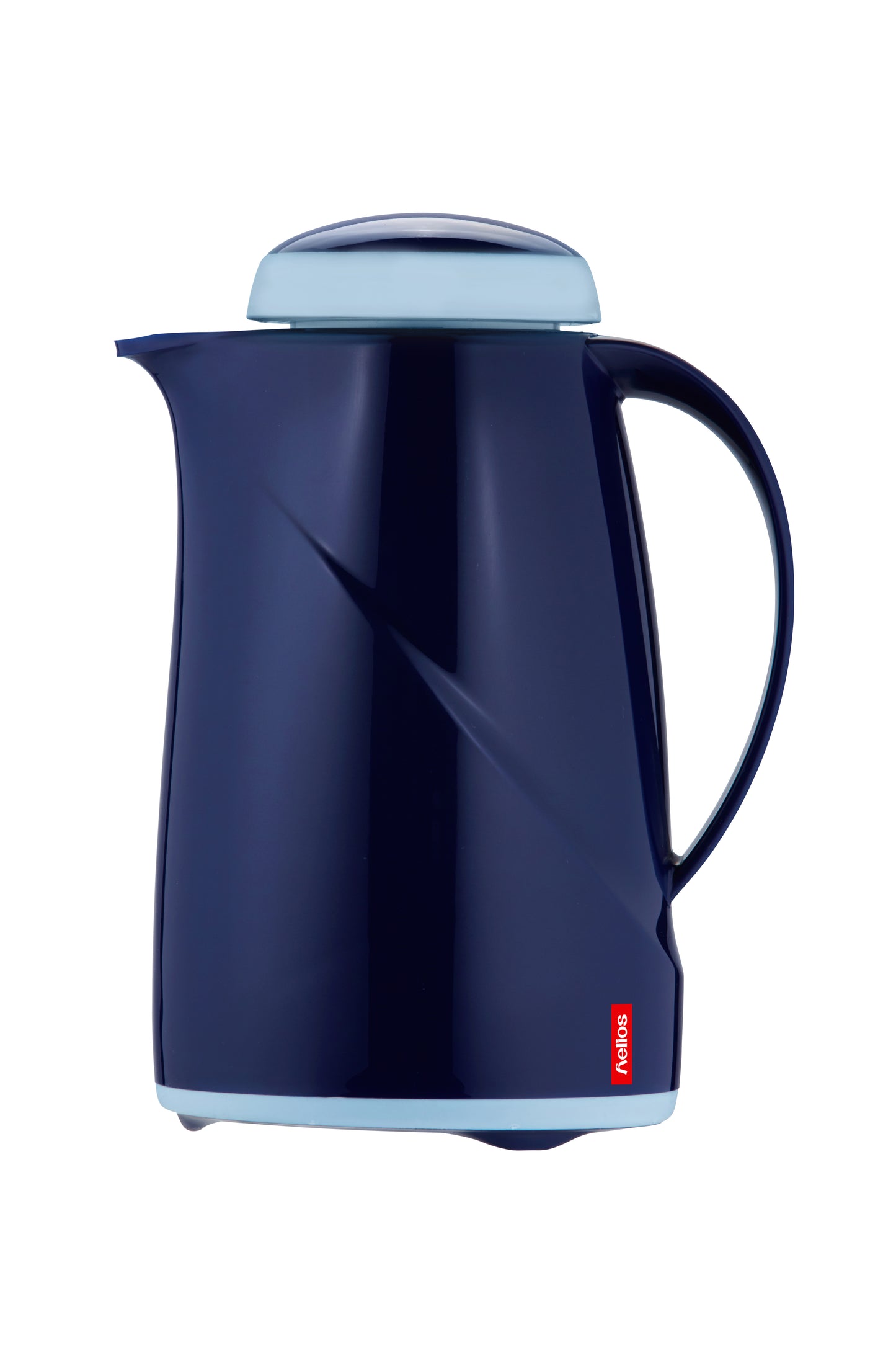 Blaue Thermoskanne mit Deckel und Griff.