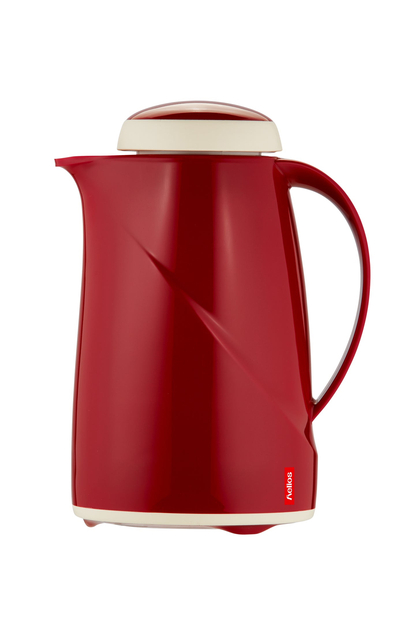 Rote Thermoskanne mit Henkel und Deckel.
