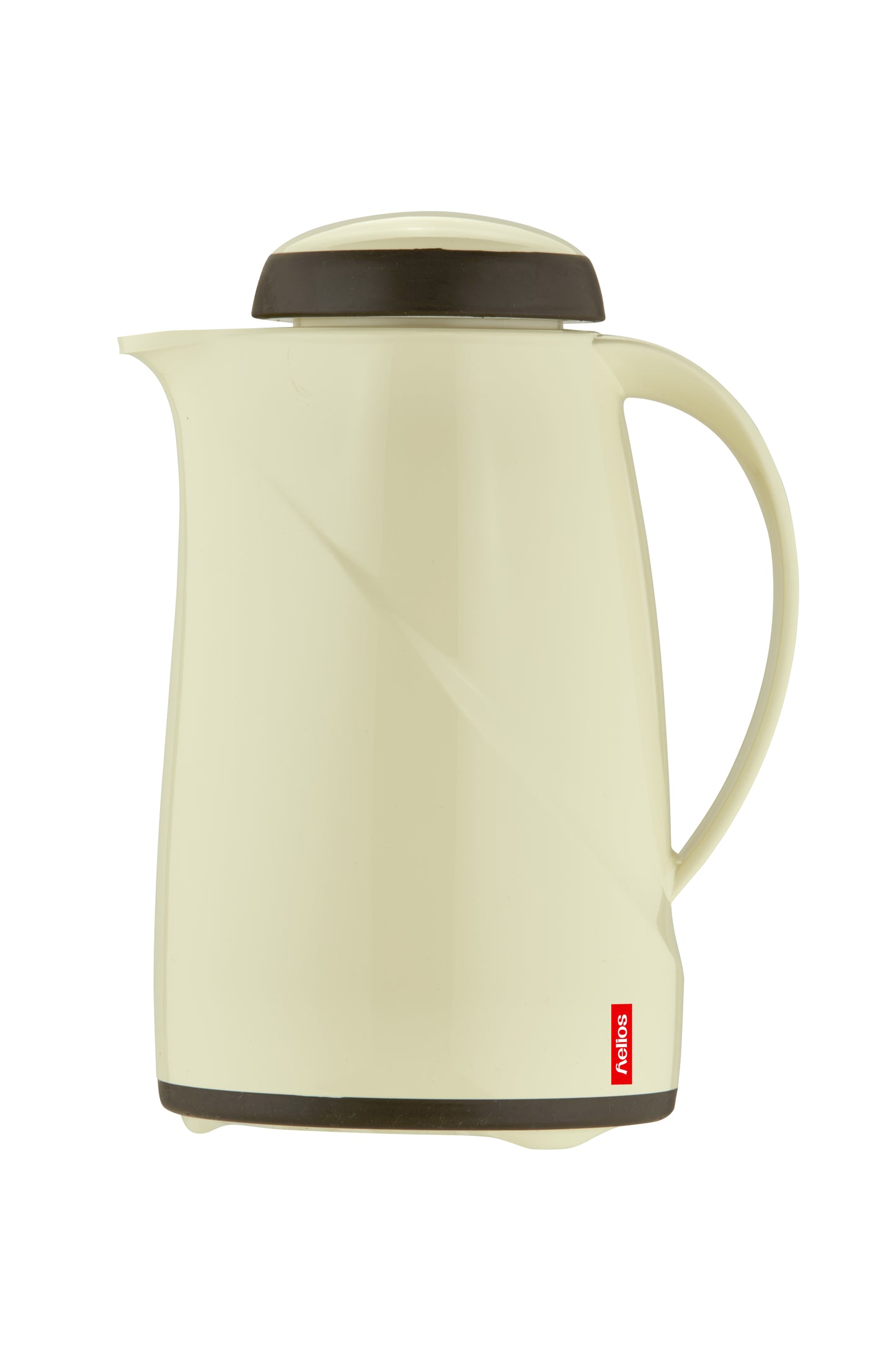 Beige Thermoskanne mit schwarzem Deckel.