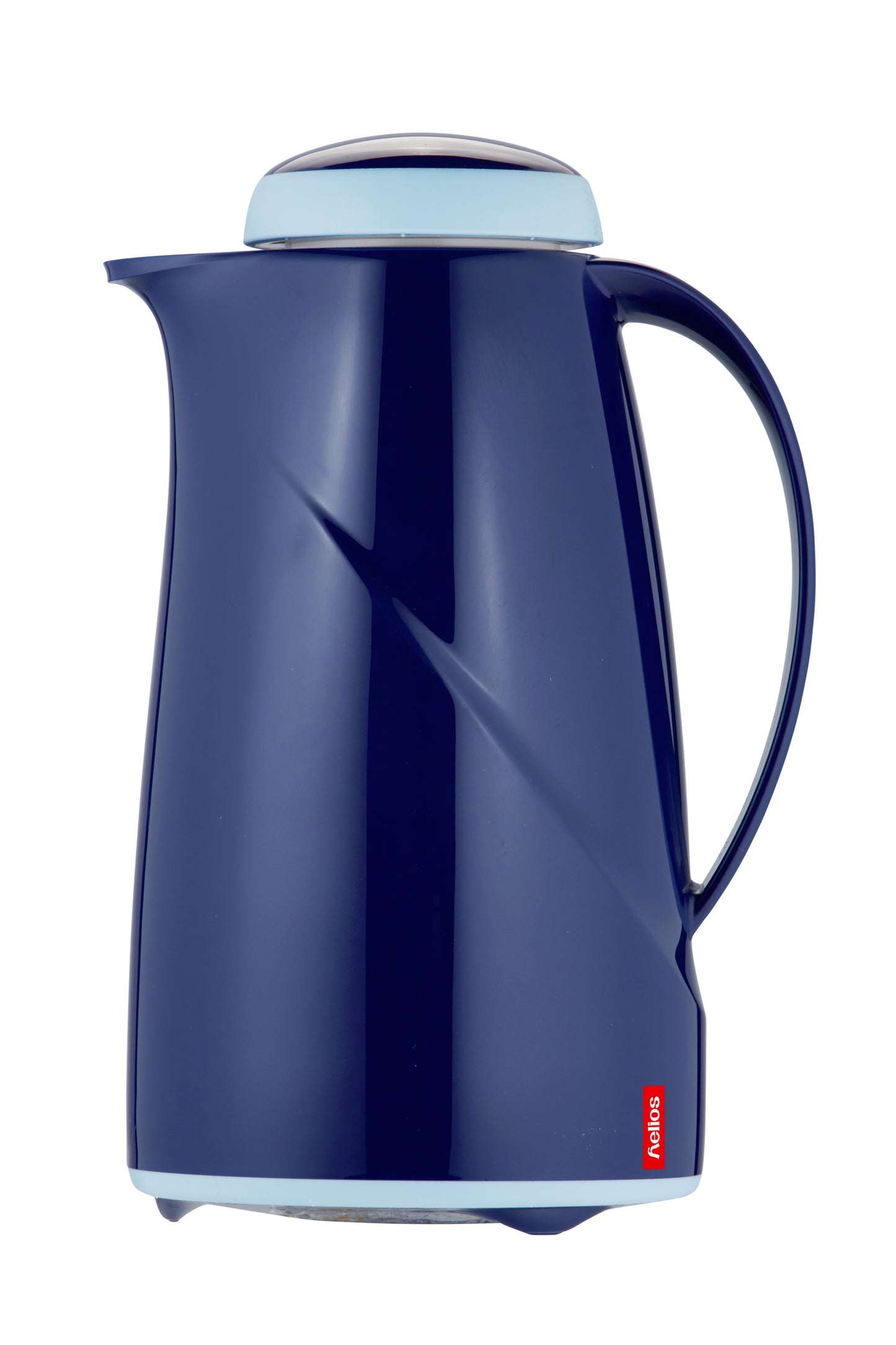 Blaue Thermoskanne mit Deckel und Griff.