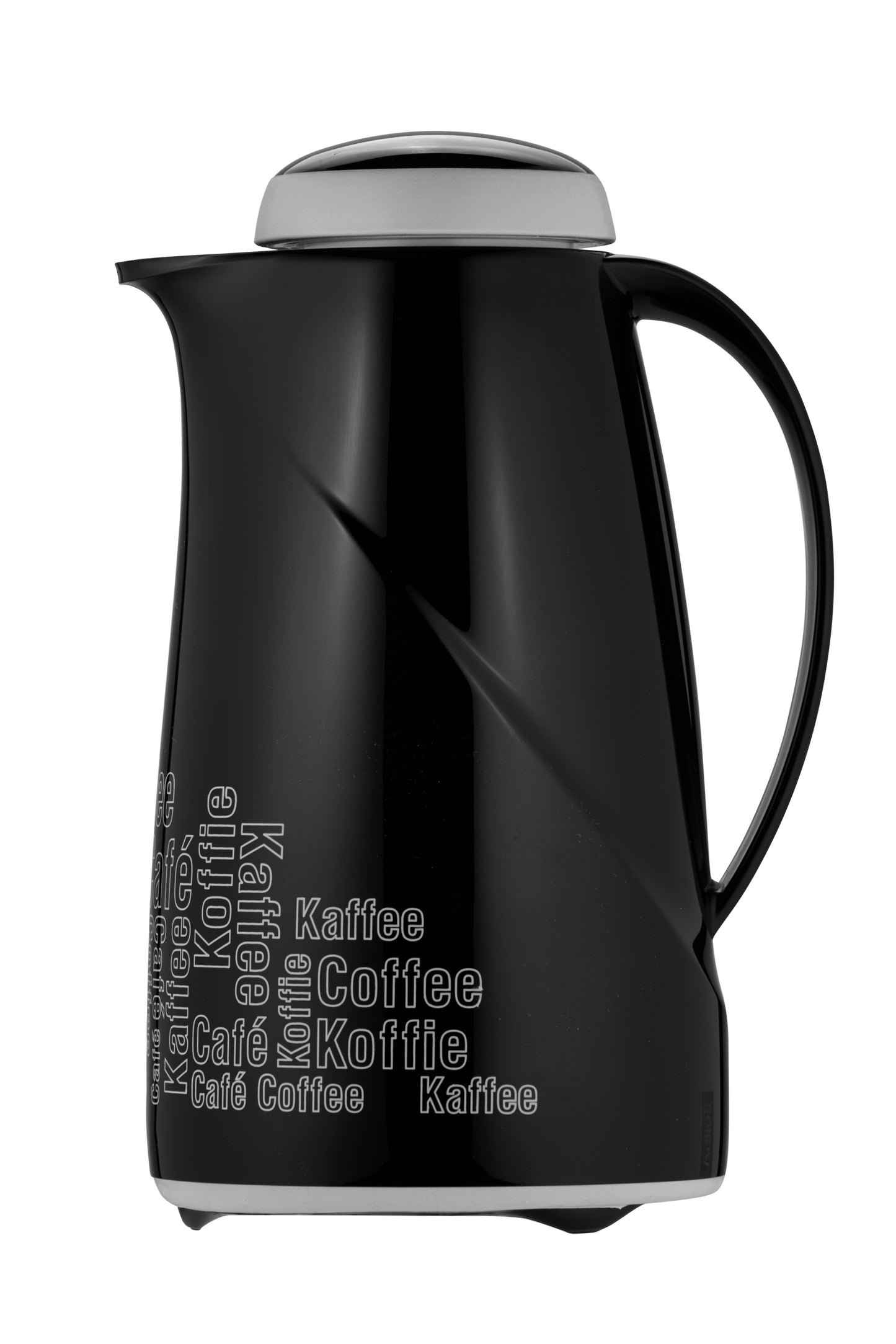 Schwarze Thermoskanne mit Kaffee-Schriftzug.