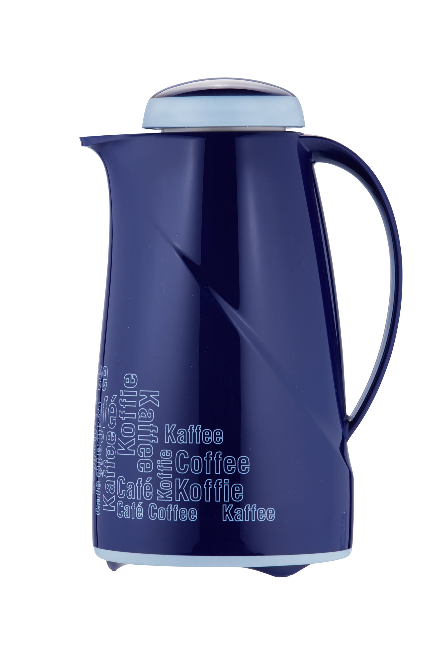 Blaue Thermoskanne mit Kaffeetext.