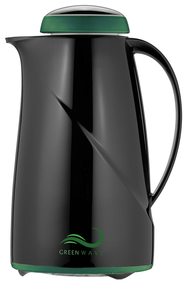 Schwarze Thermoskanne mit grünem Deckel.