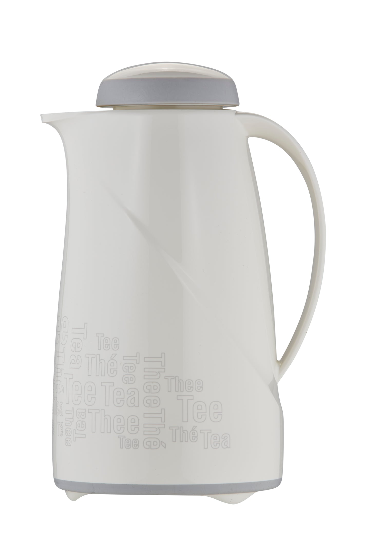 Weiße Teekanne mit grauem Deckel und Griff.
