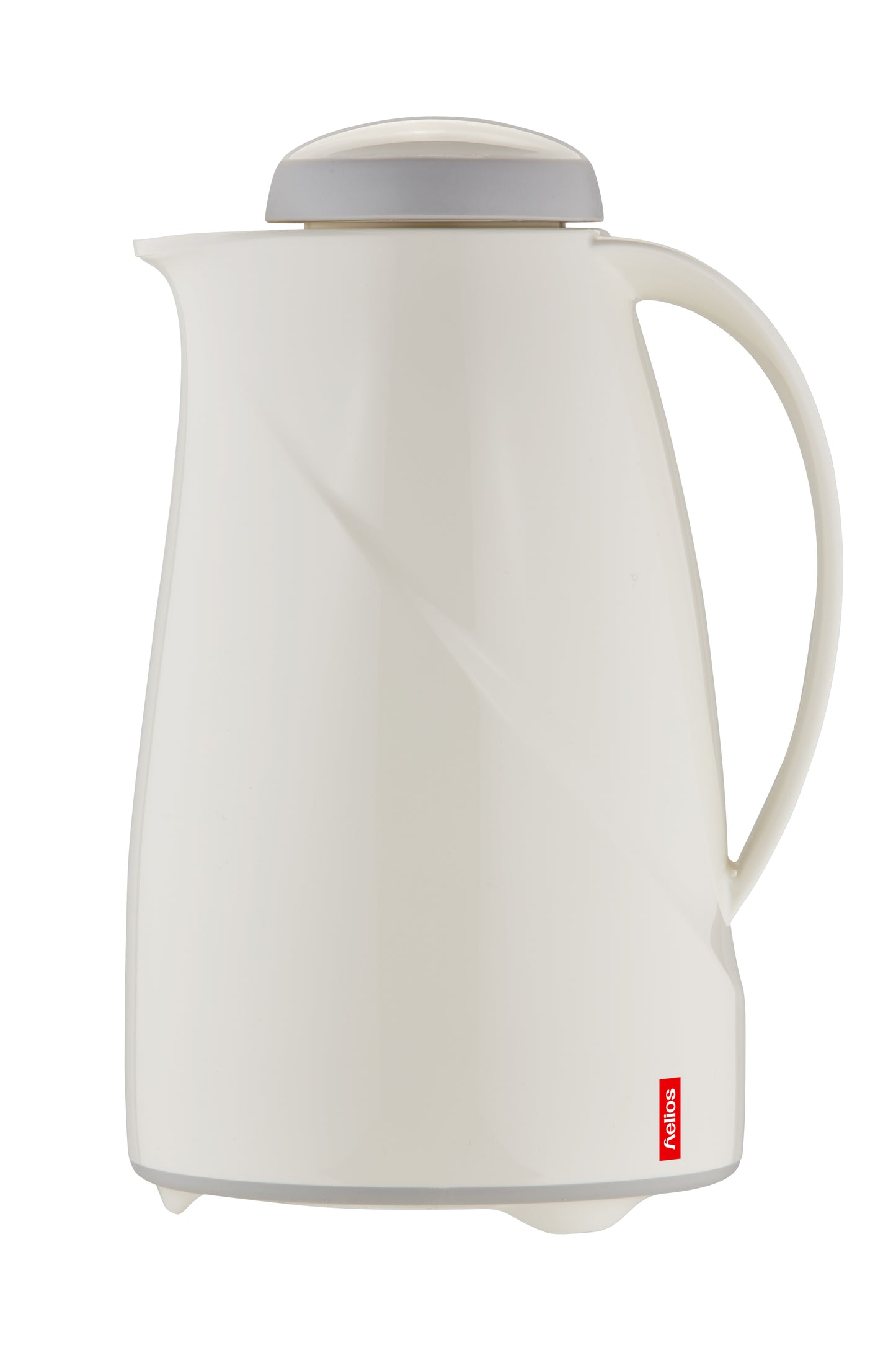 Weiße Thermoskanne mit grauem Deckel.