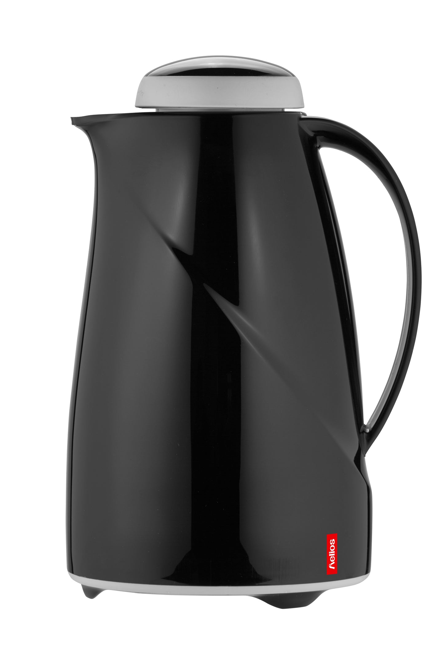 Schwarze Thermoskanne mit silbernem Deckel.