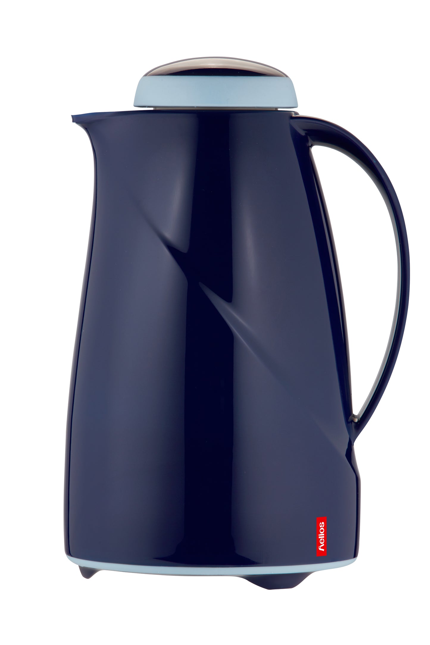 Blaue Thermoskanne mit Henkel und Deckel.
