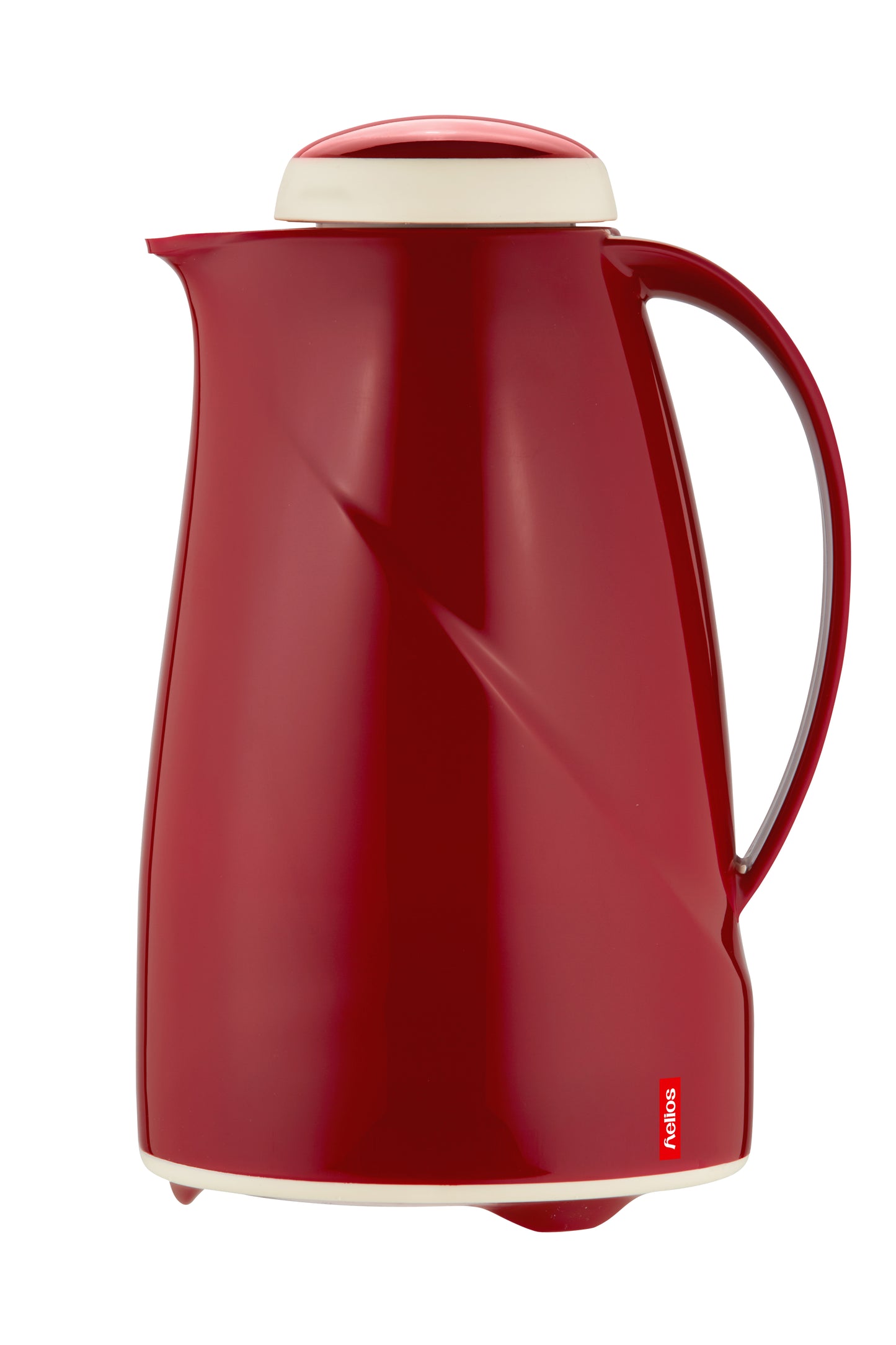 Rote Thermoskanne mit weißem Deckel.