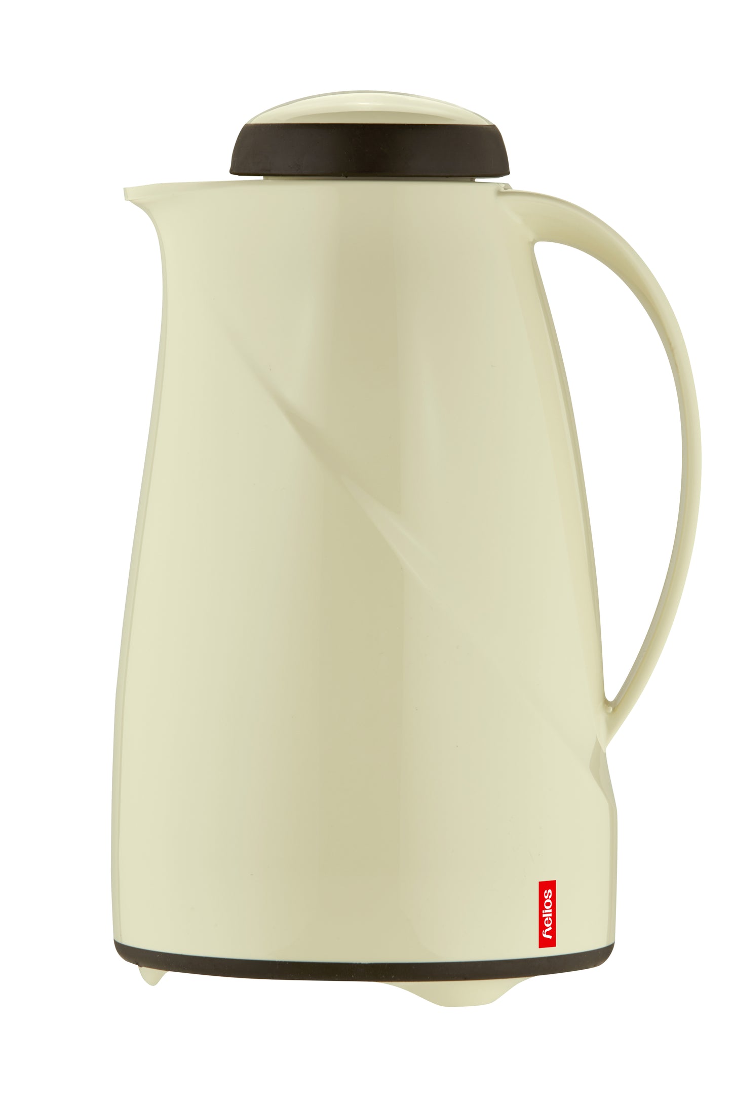 Beige Thermoskanne mit schwarzem Deckel.