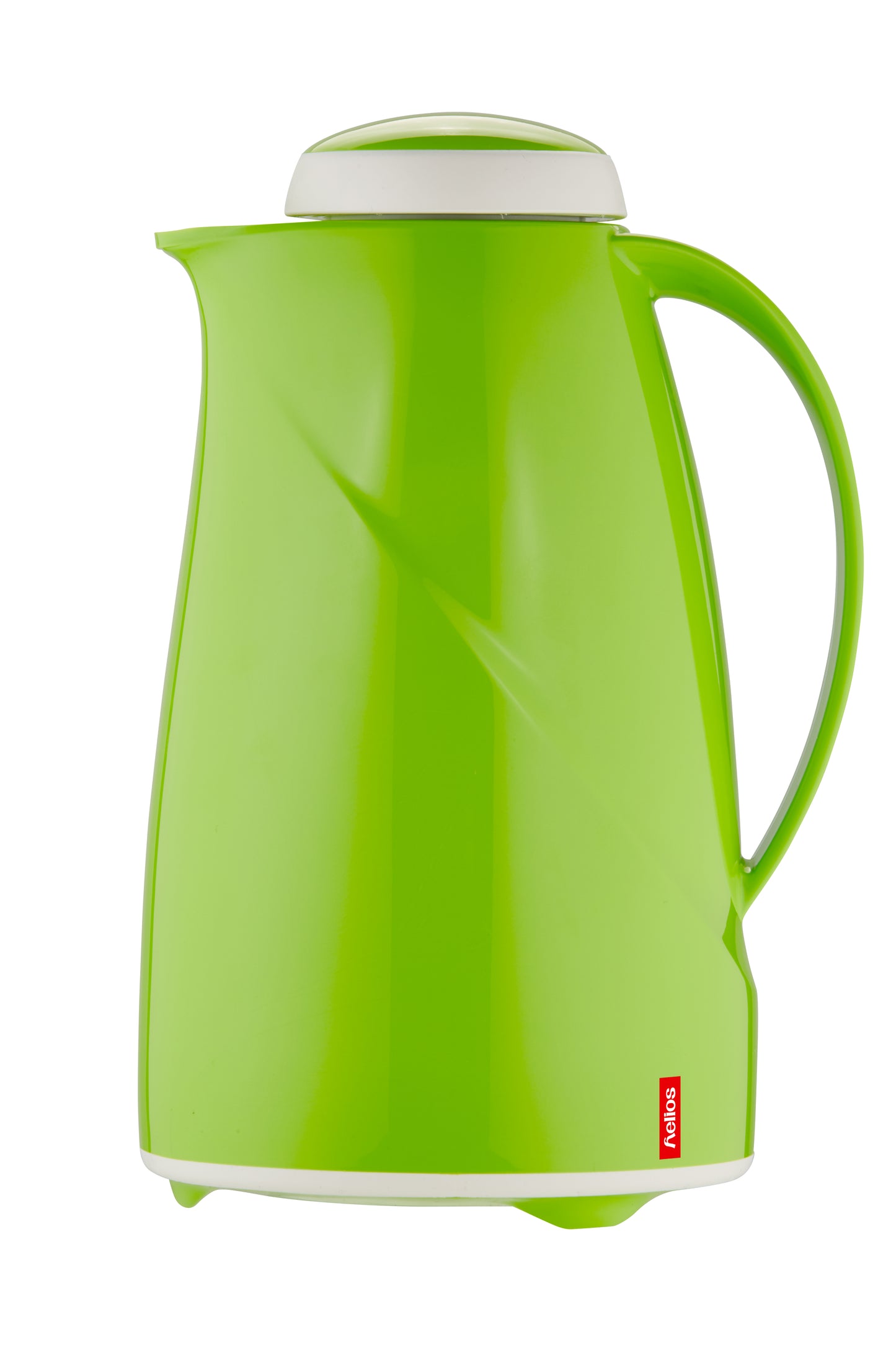 Grüne Thermoskanne mit weißem Deckel.