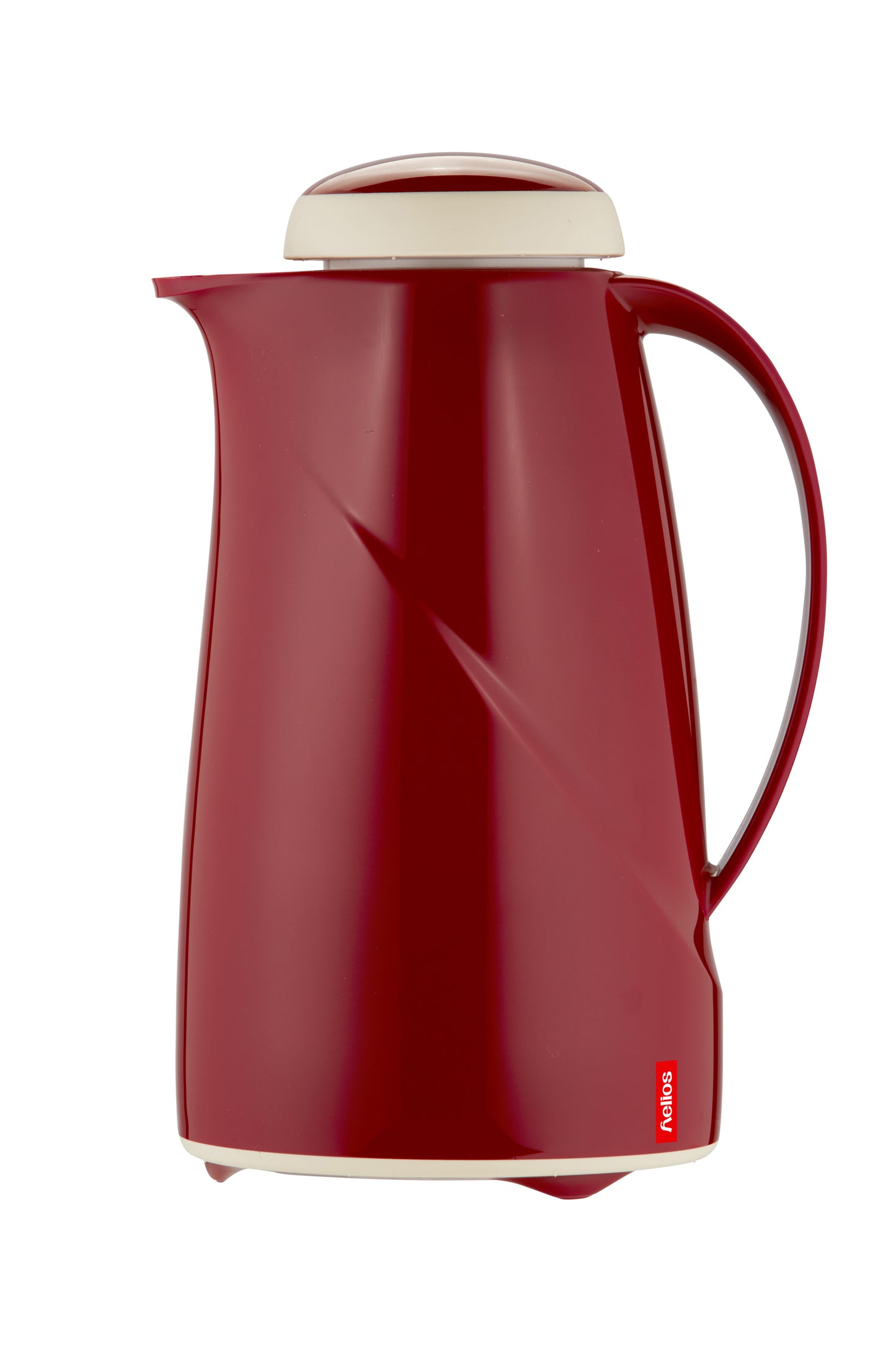 Rote Thermoskanne mit Henkel und Deckel.