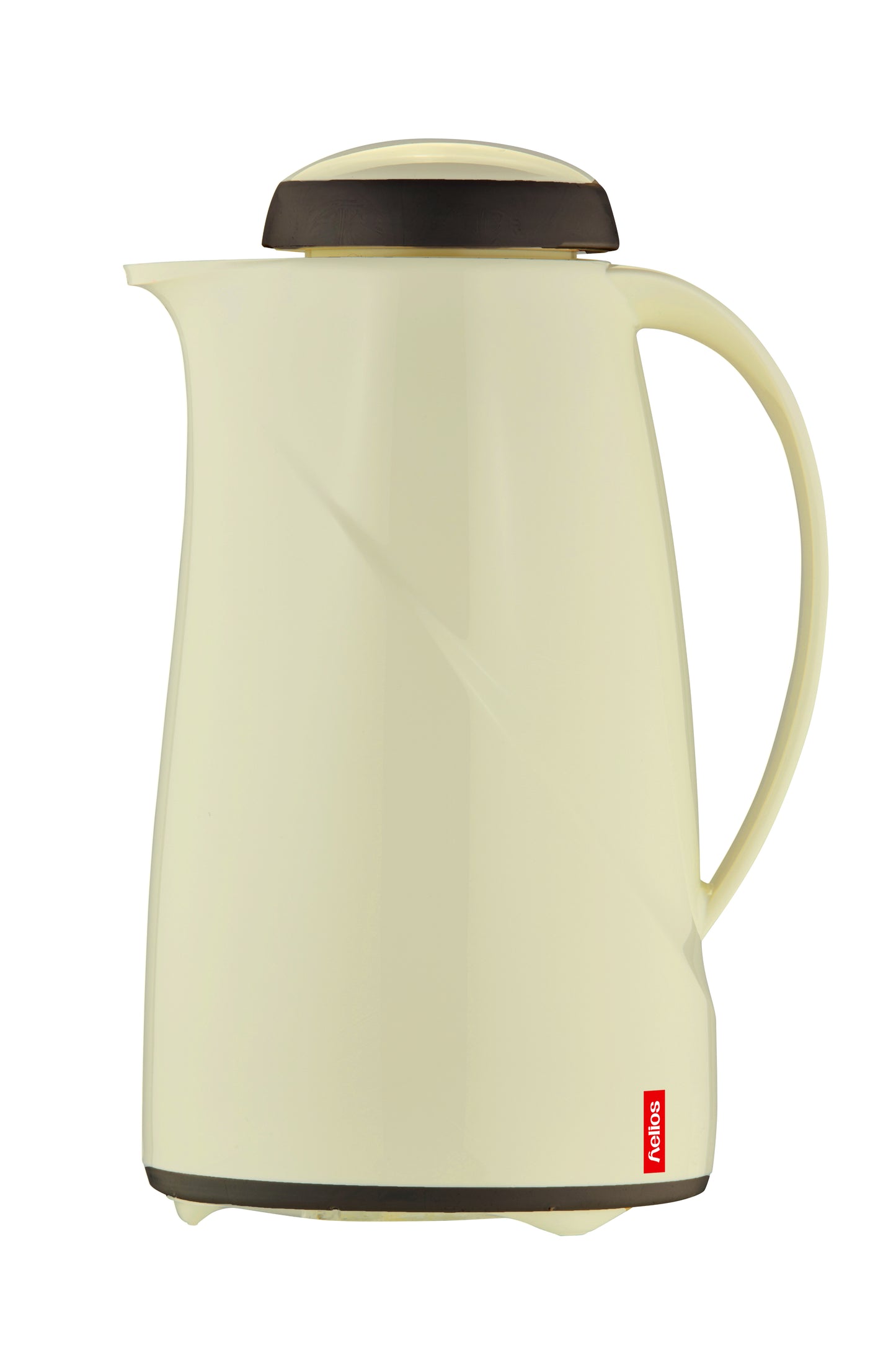 Beige Thermoskanne mit schwarzem Deckel.