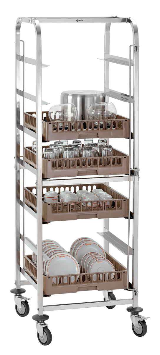 Geschirrwagen mit Geschirr und Gläsern.