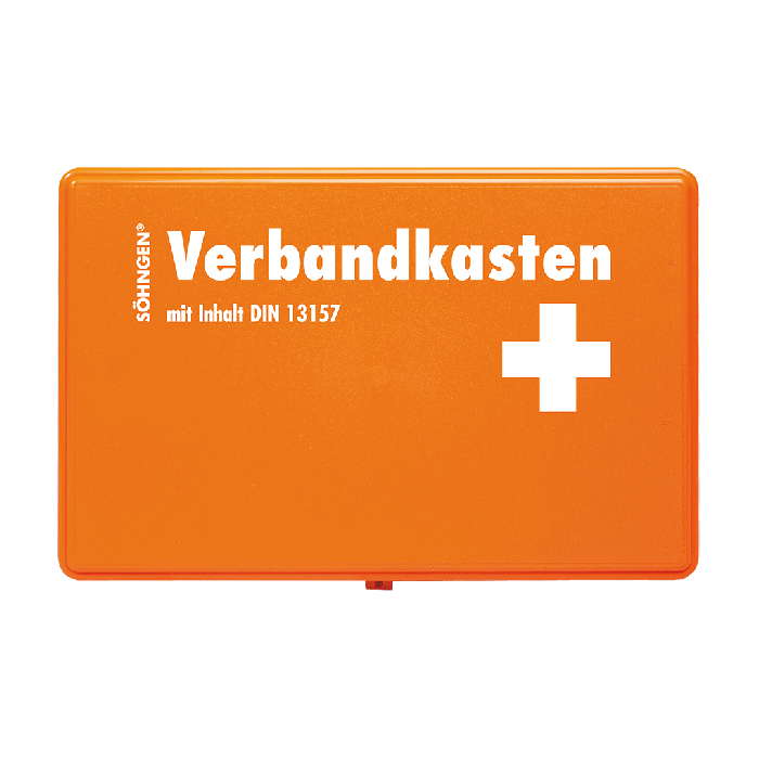 Oranger Verbandskasten mit Kreuz.