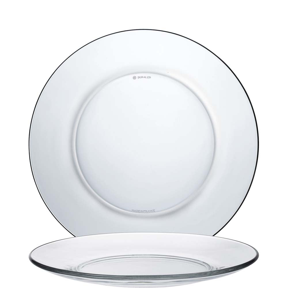 Zwei transparente, runde Glasteller.