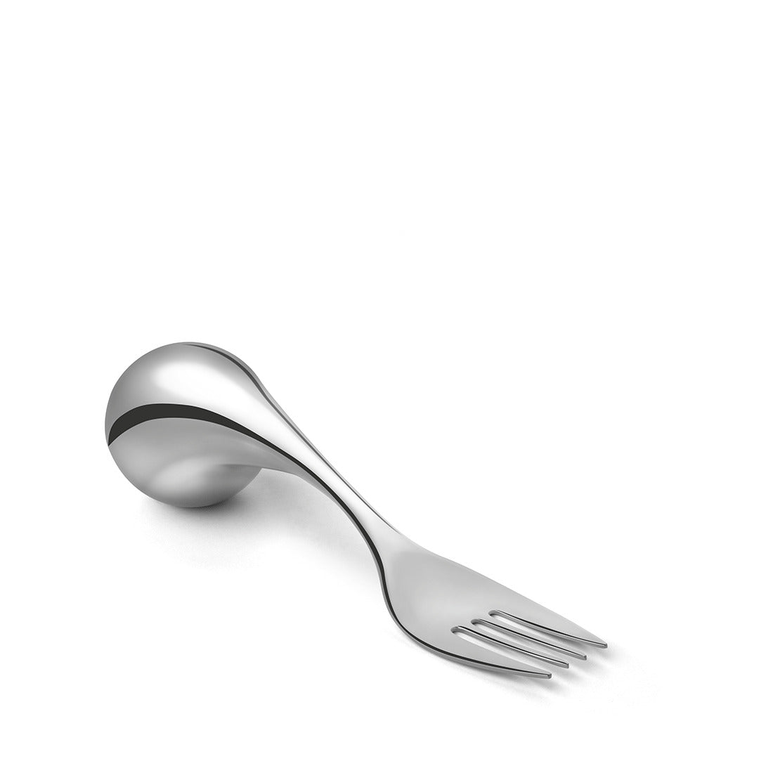 Silberne, moderne Gabel mit kugelförmigem Griff.