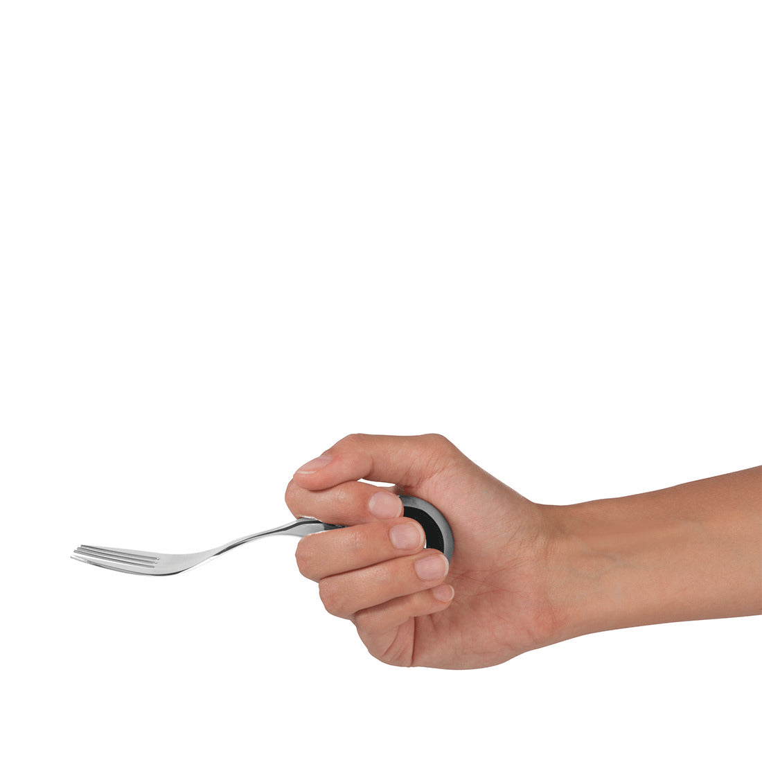 Hand hält ergonomische Gabel mit rundem Griff.