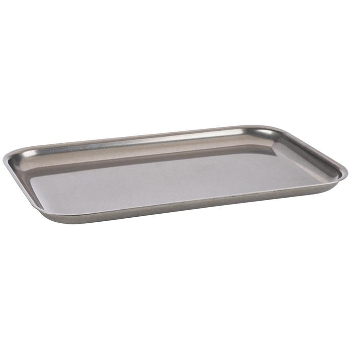 Metalltablett, rechteckig, flach, silber.