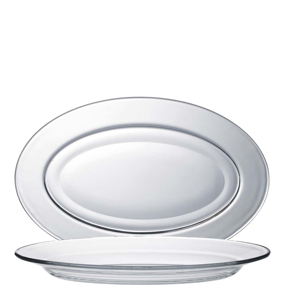 Zwei ovale, transparente Servierplatten.