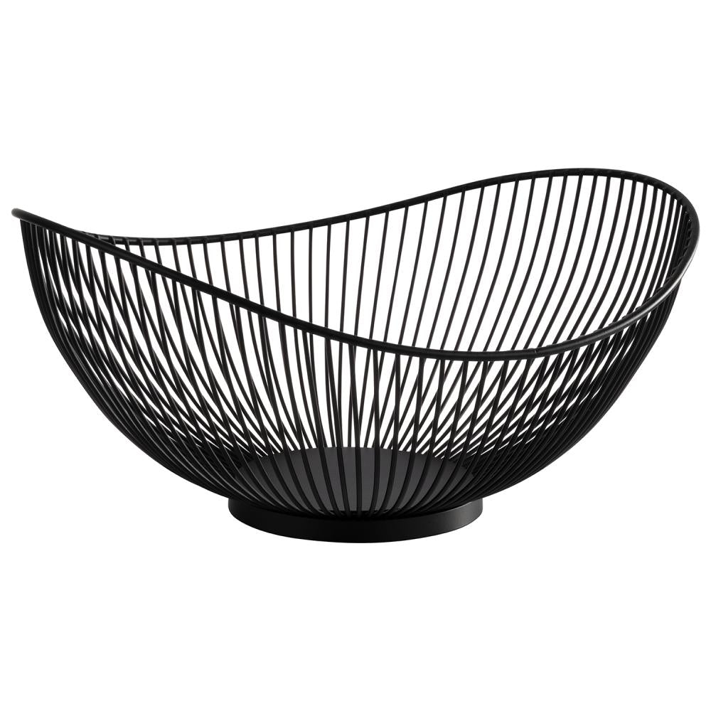 Schwarzer Drahtkorb, geschwungenes Design.