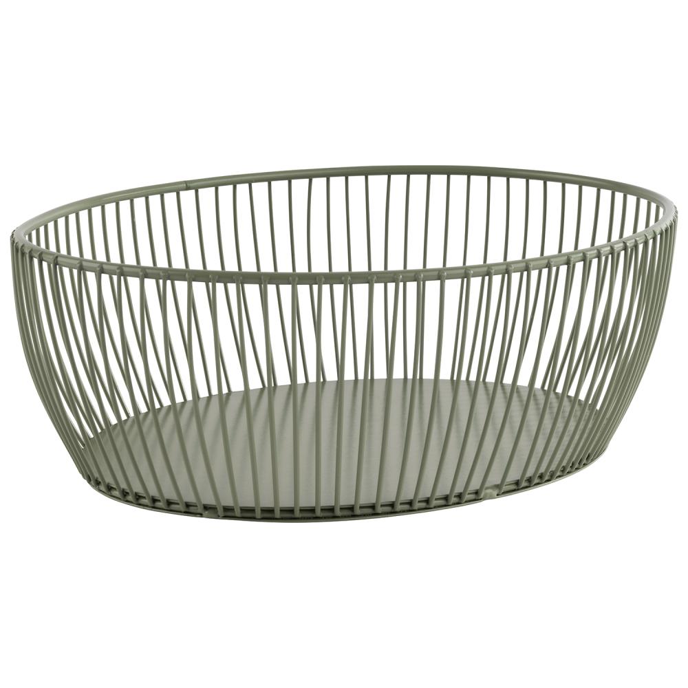 Grüner Drahtkorb, oval, ohne Inhalt.