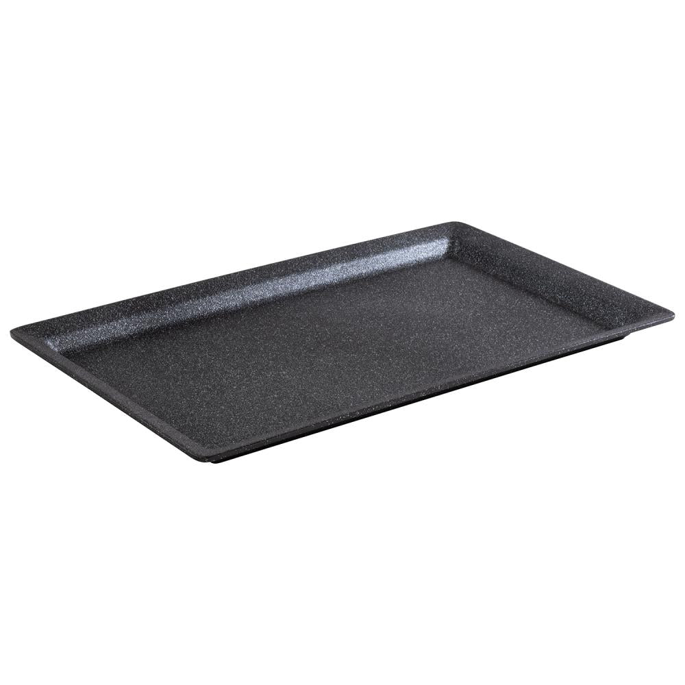 Schwarzes rechteckiges Serviertablett aus Melamin.