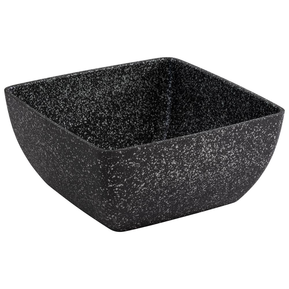 Schwarze, quadratische Schale, gesprenkelt.