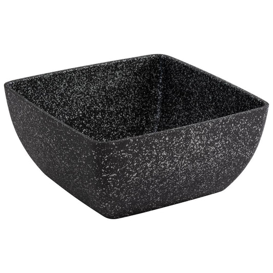 Schwarze, quadratische Schale, gesprenkelt.