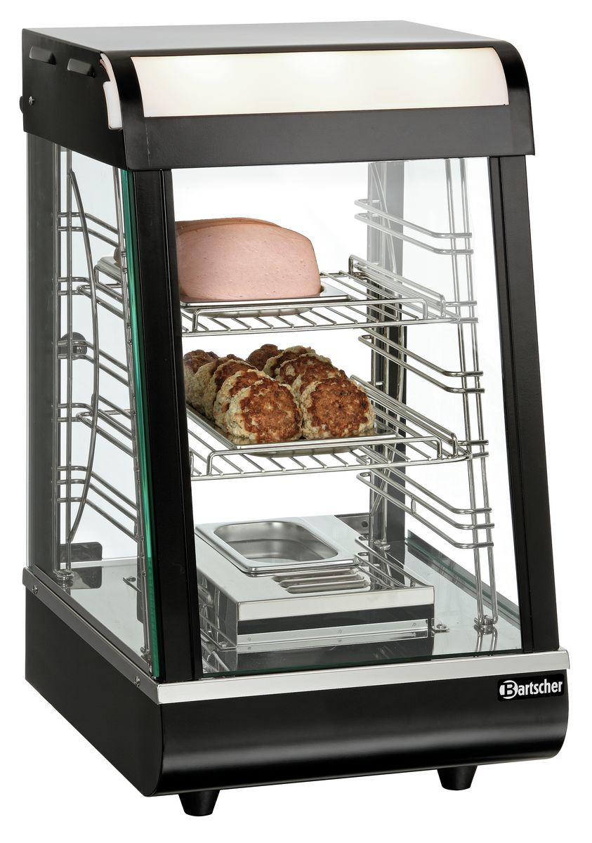 Wärmevitrine mit Speisen und Tabletts.