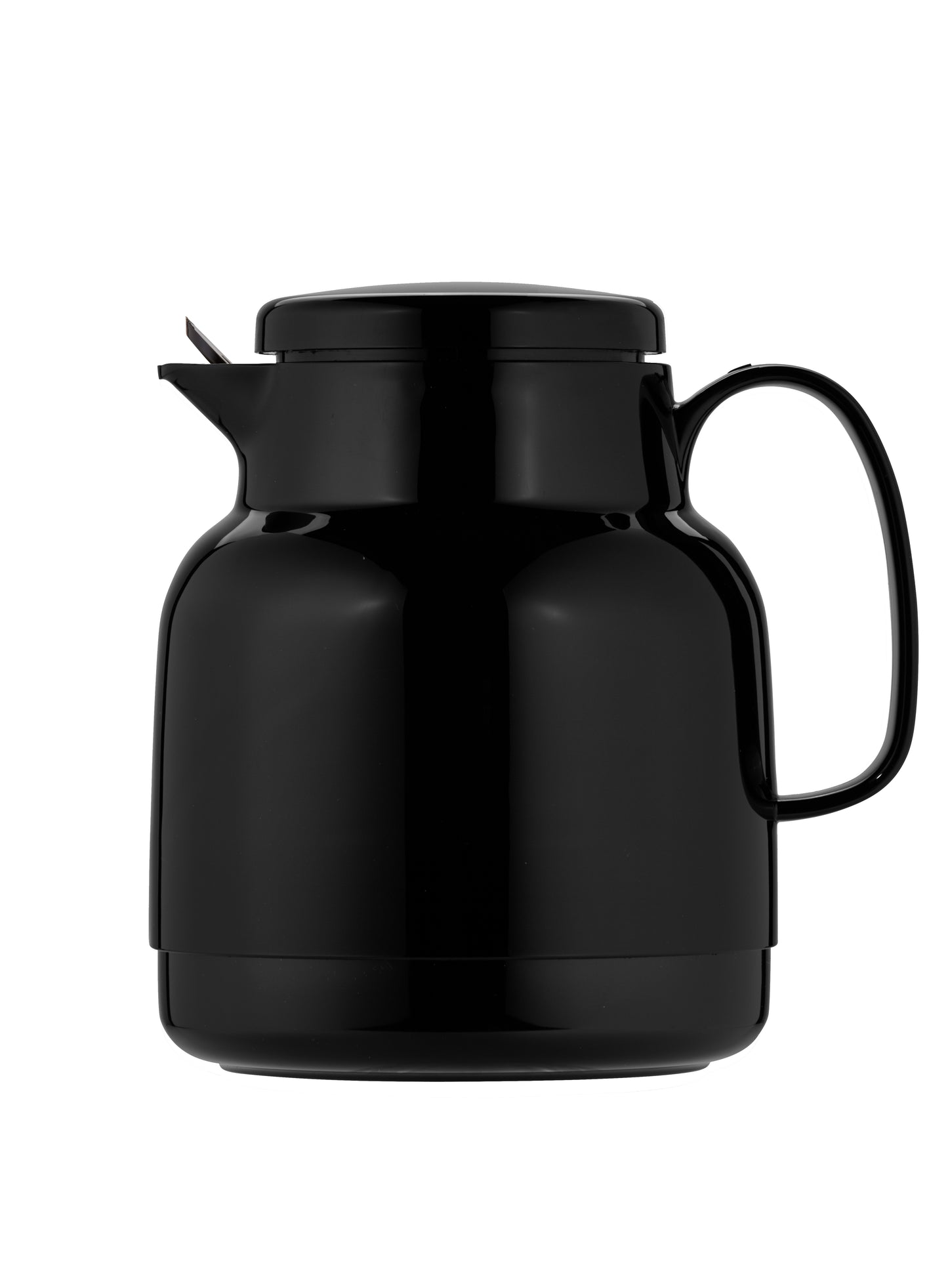 Schwarze Thermoskanne mit Henkel und Deckel.