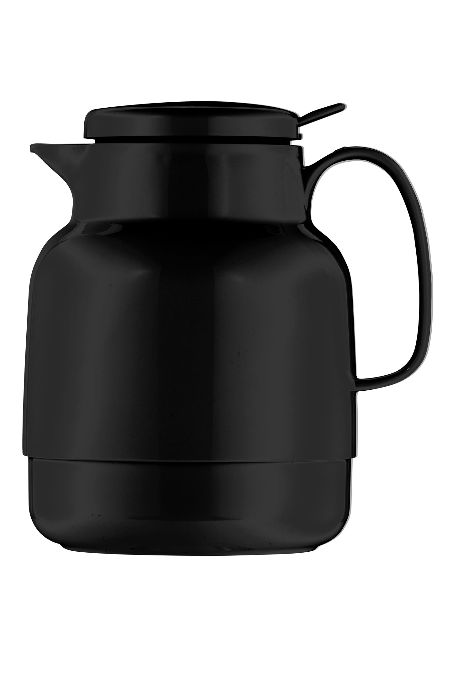 Schwarze Thermoskanne mit Henkel und Deckel.