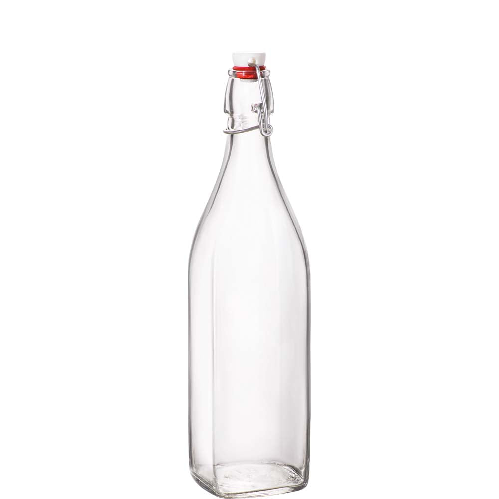 Leere Glasflasche mit Bügelverschluss.