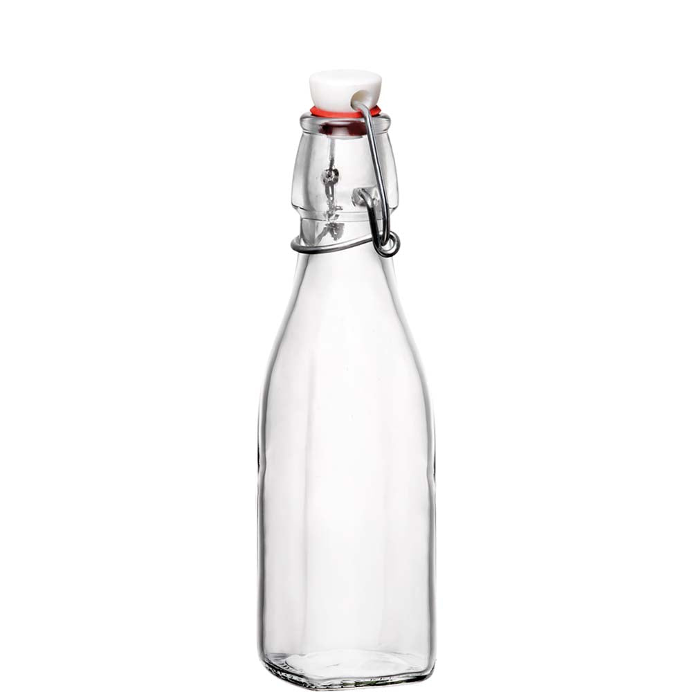 Leere Glasflasche mit Bügelverschluss.