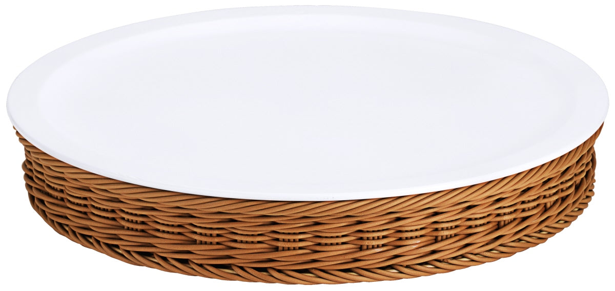 Runder Rattan-Servierteller mit weißer Platte