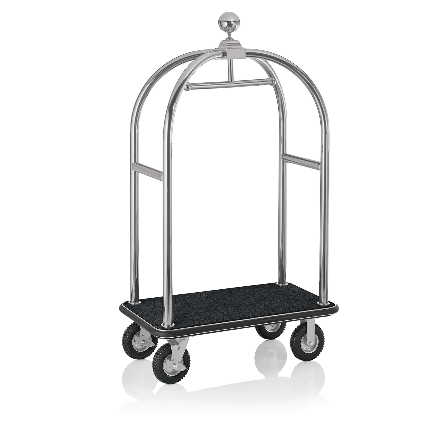 Gepäckwagen aus Metall mit Rollen.
