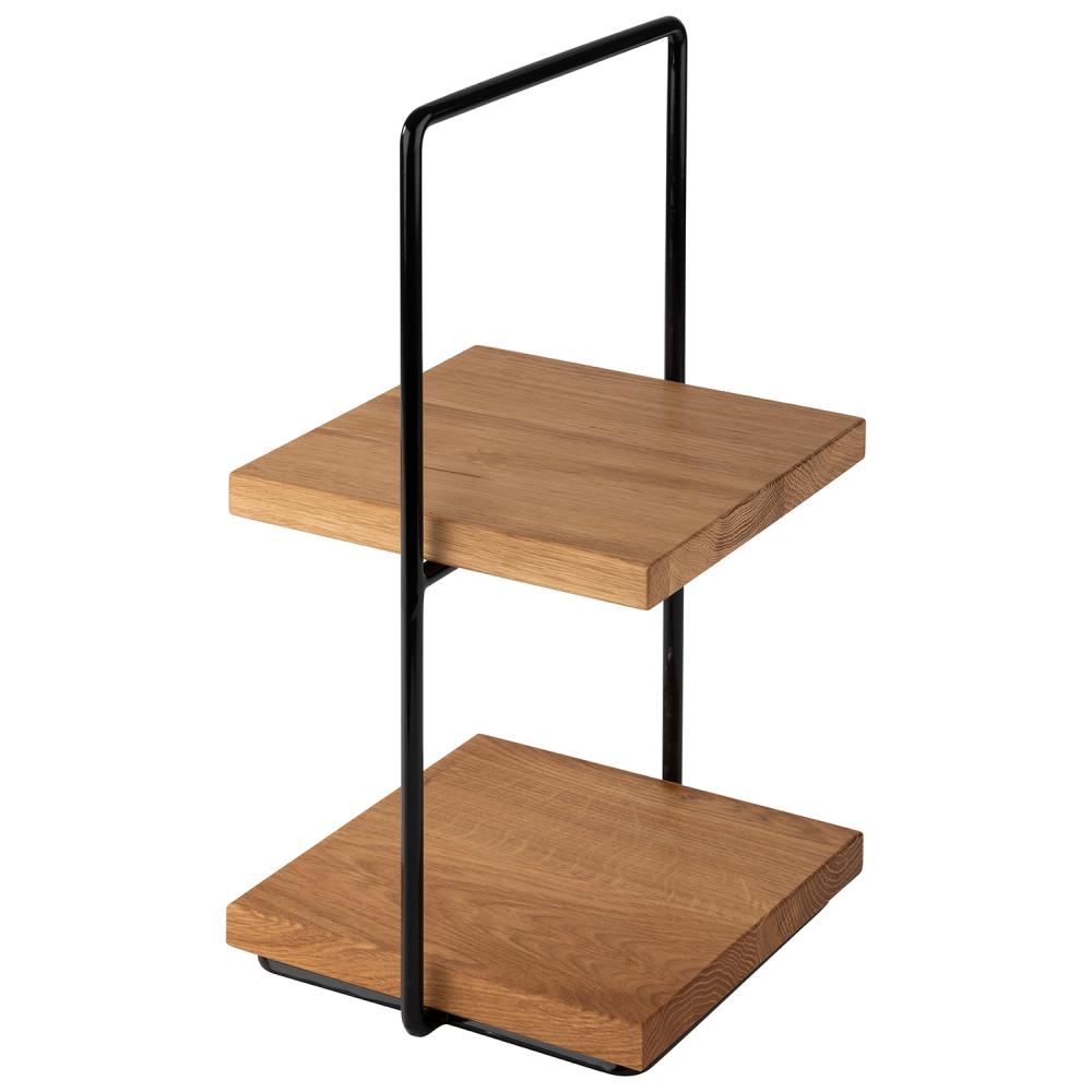 Zweistöckiges Holzregal mit Metallrahmen.