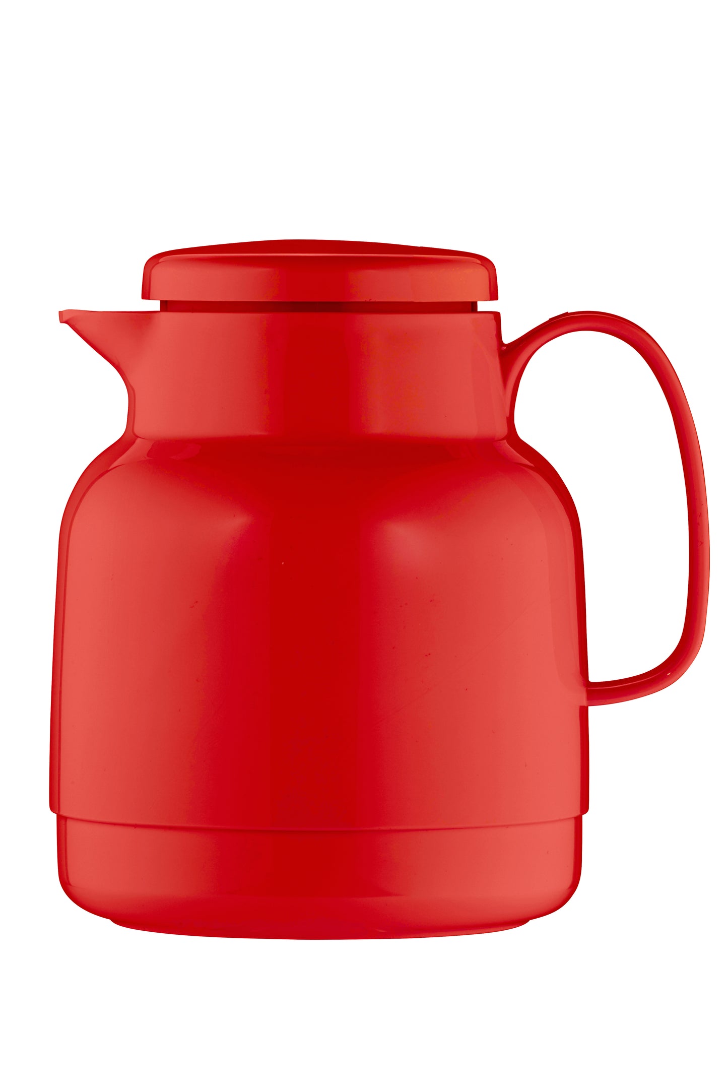 Rote Thermoskanne mit Henkel und Deckel.