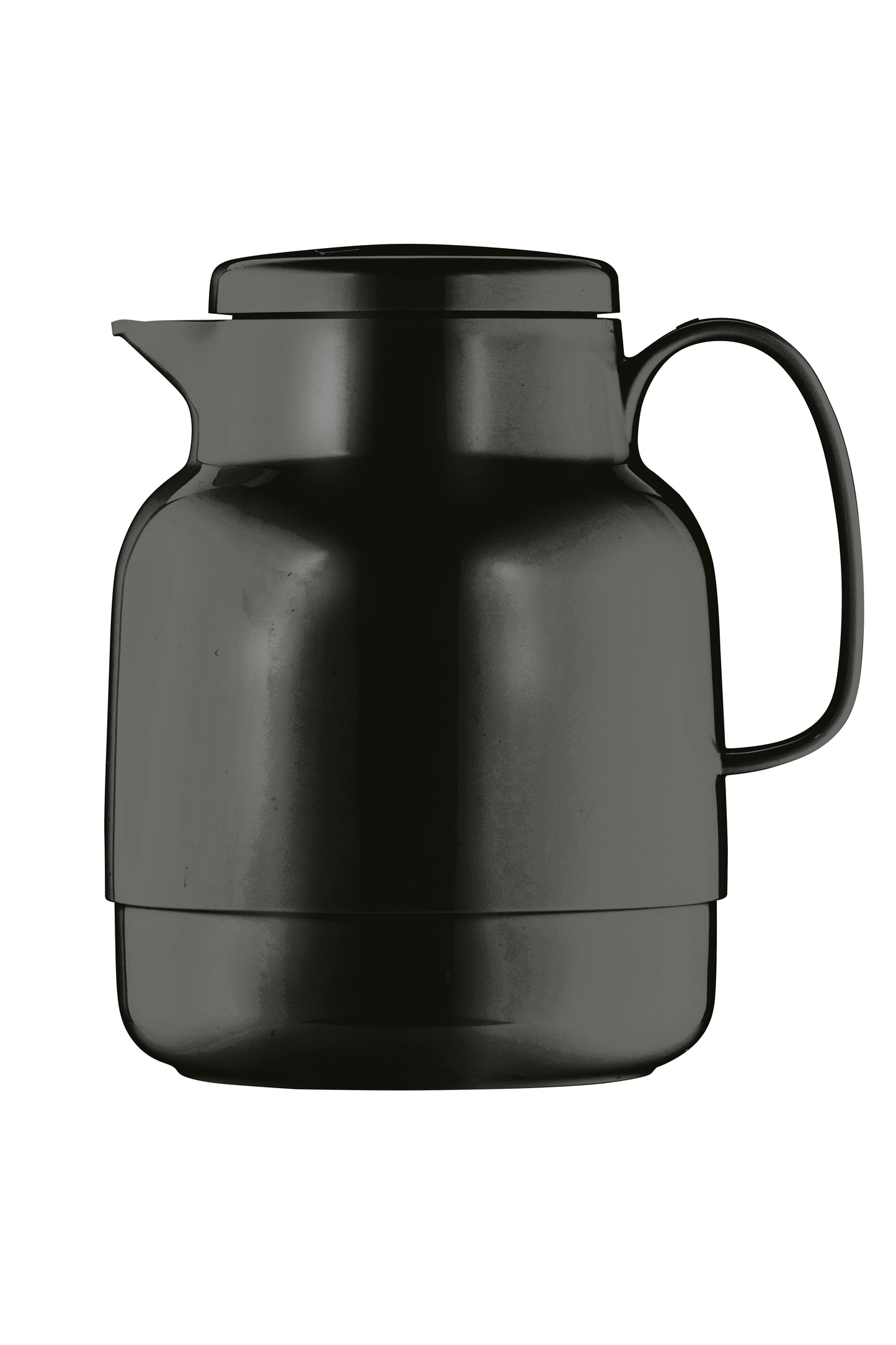 Schwarze Thermoskanne mit Henkel und Deckel.