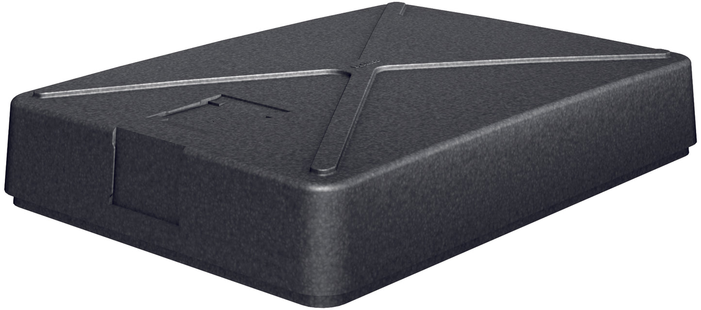 Schwarzer Kunststoffdeckel für Behälter.