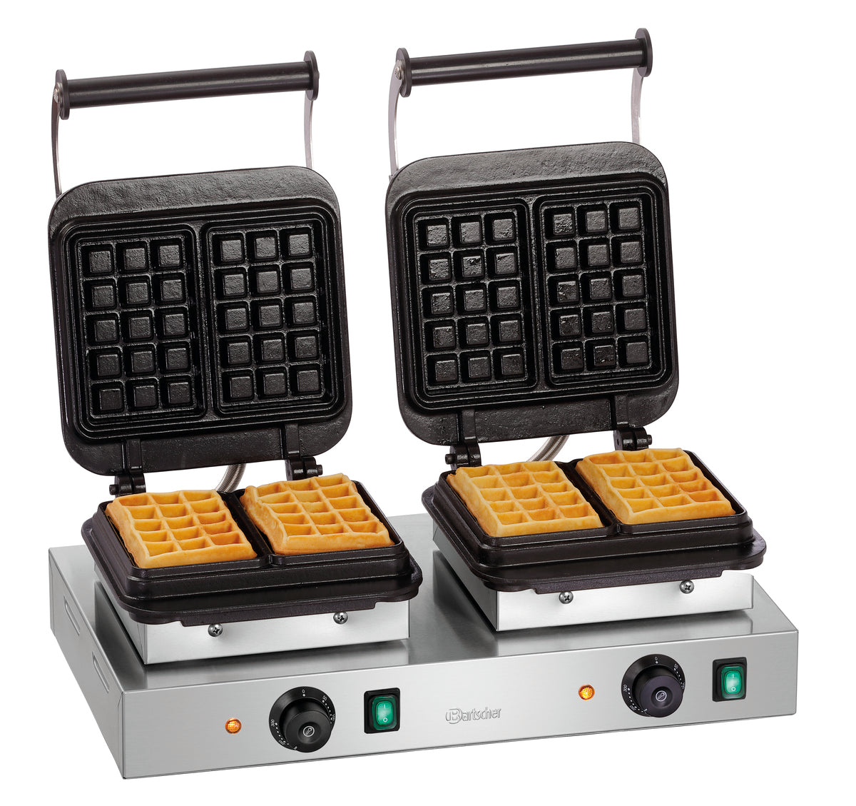 Doppel-Waffeleisen mit gebackenen Waffeln.