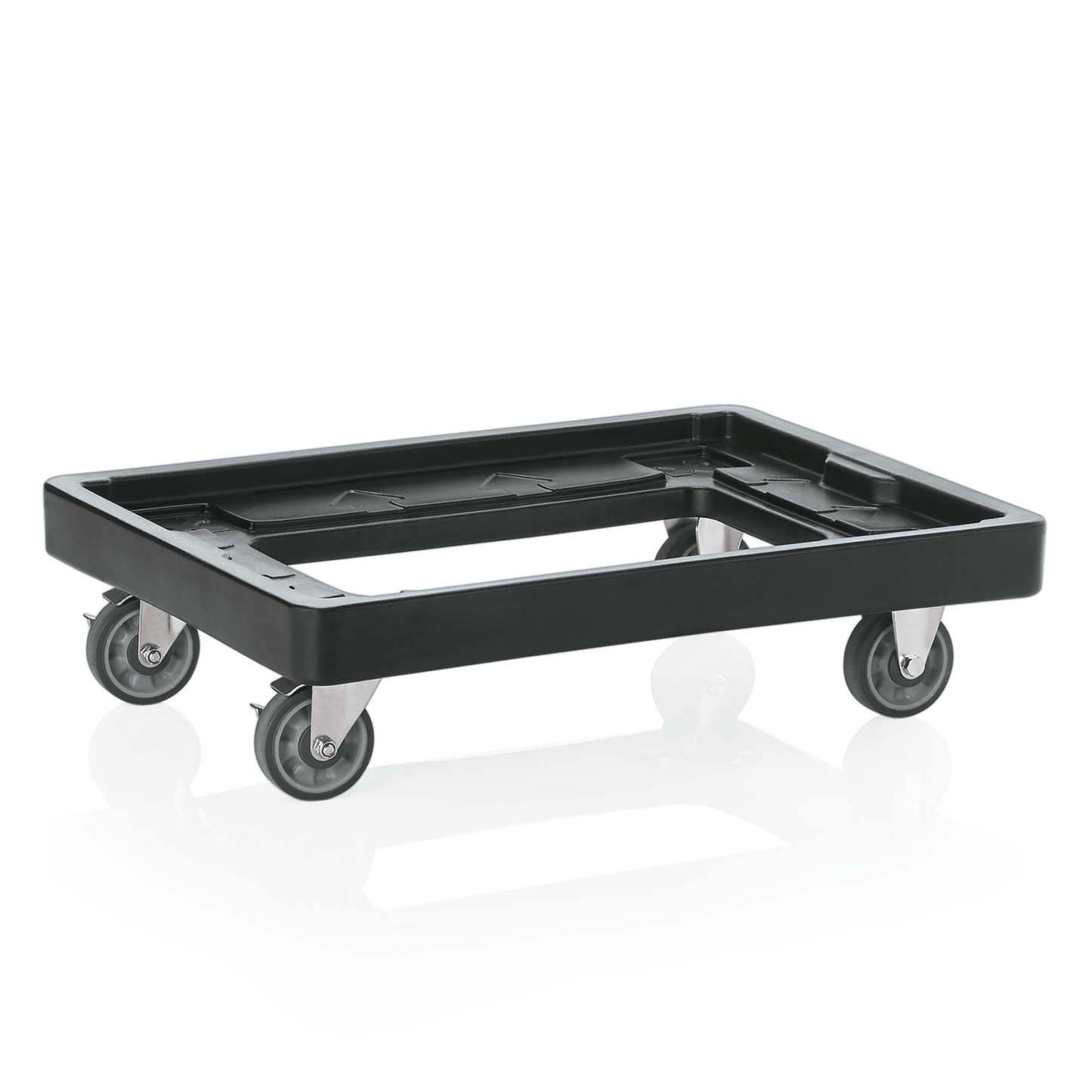 Schwarzer Rollwagen mit Rollen.