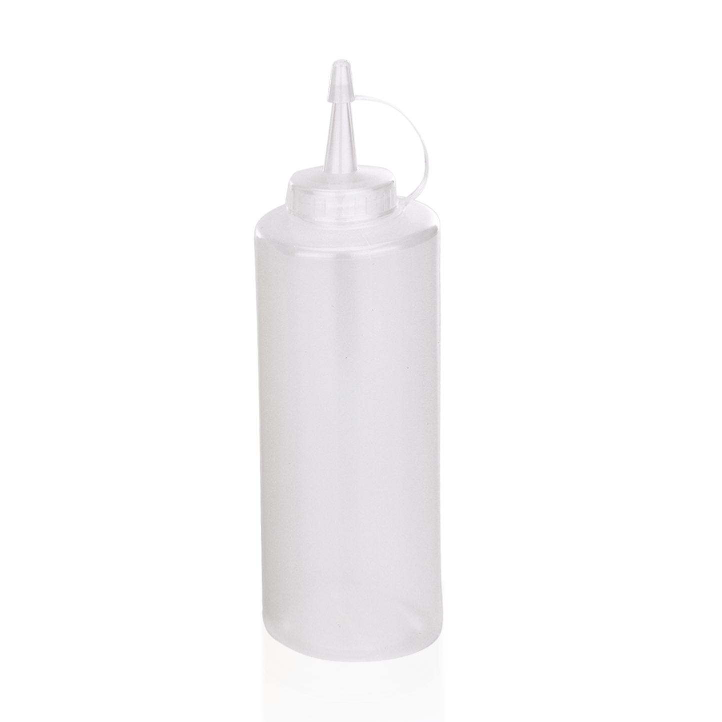 Transparente Saucenflasche mit Deckel.