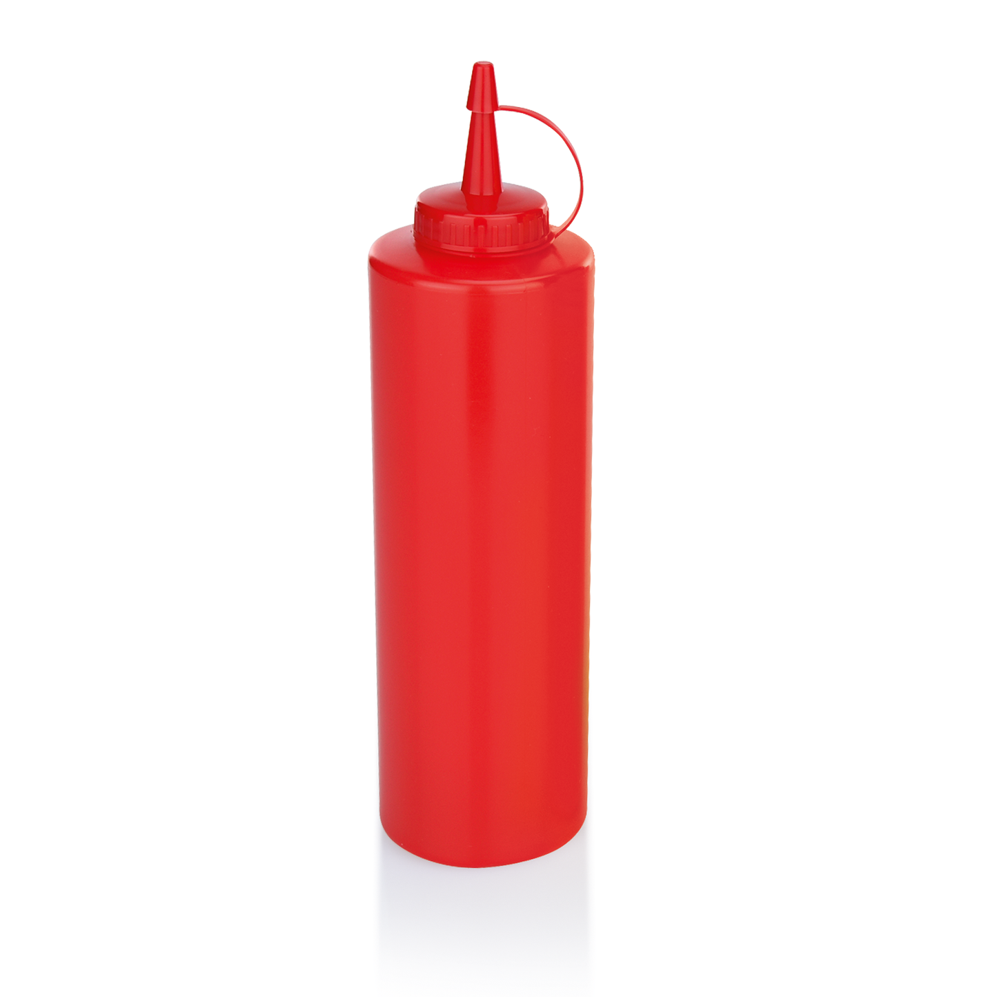 Rote Saucenflasche mit Deckel.