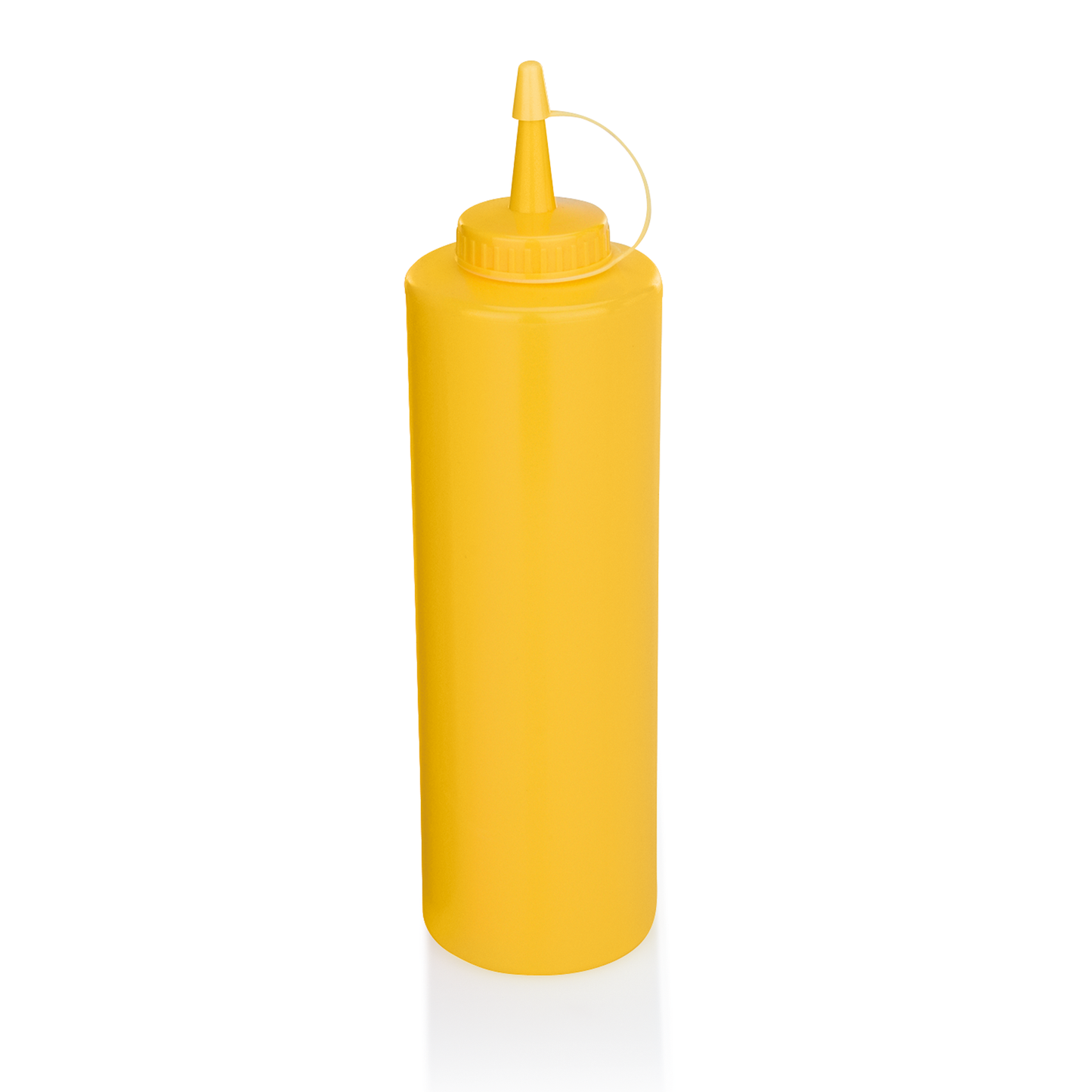Gelbe Saucenflasche mit Deckel.