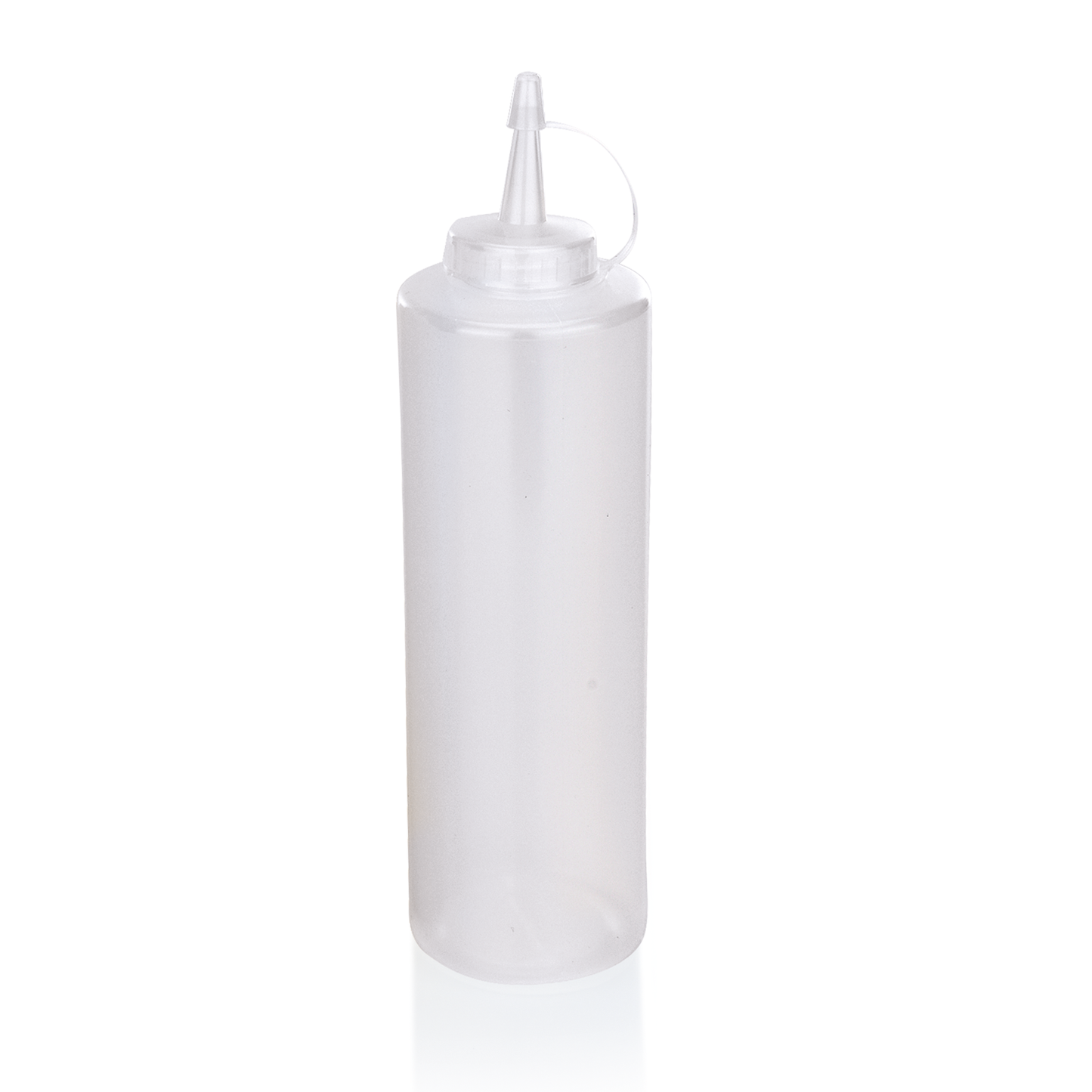 Transparente Saucenflasche mit Deckel.